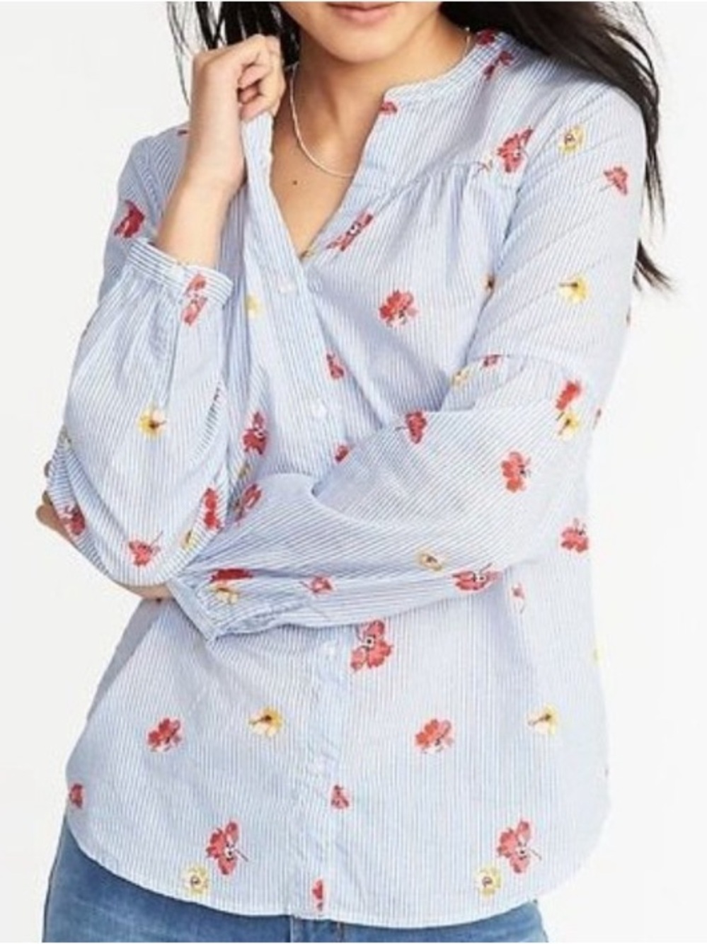 Old Navy Relaxed Smocked Floral Striped Button-Front Cotton Shirt - Picture 1 of 10